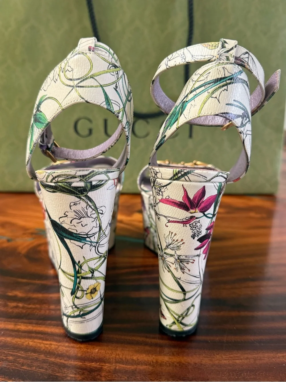 Gucci Floral Platform Sandals in White with Lavender Insole and Gold Hardware